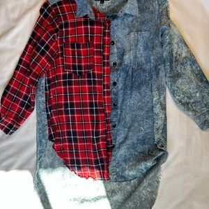 Thrill Jeans Split Flannel Denim Shirt Patchwork Distressed Streetwear S